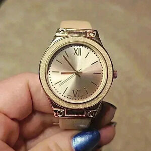 Adorable Peach / Pink Bangle Watch with Rose Gold Color Face
